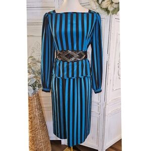 Vintage Executive Dress Blue Black Striped Midi Skirt Blouse Set